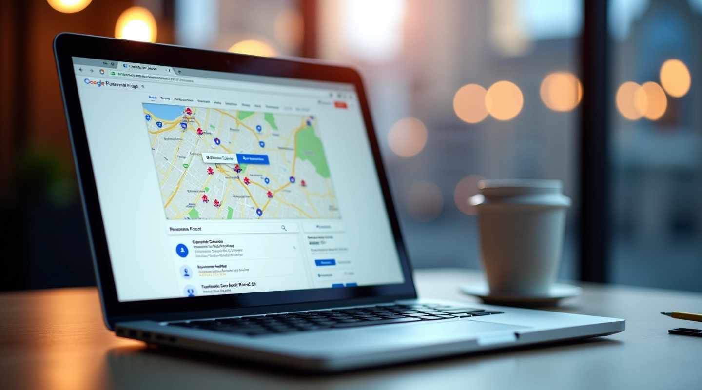Laptop showing Google Business Profile setup interface with business information fields