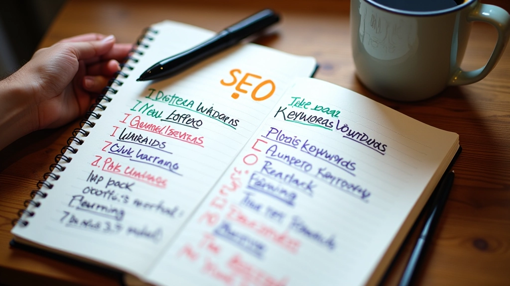 Open notebook with handwritten notes about local keywords and search terms